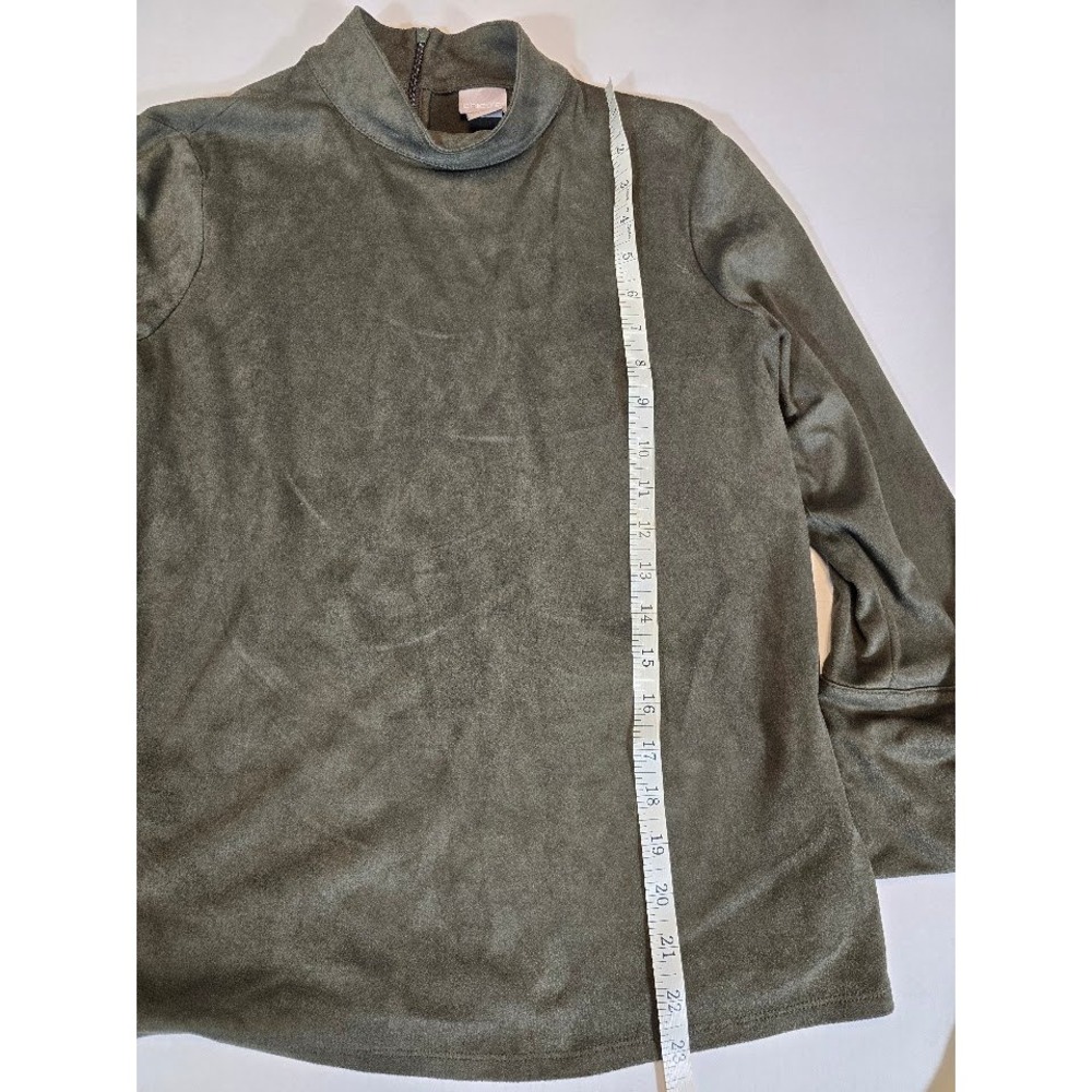 Chico's Mock Neck Tie Cuff Olive Green Tunic Long Sleeve Faux Suede Blouse 1P